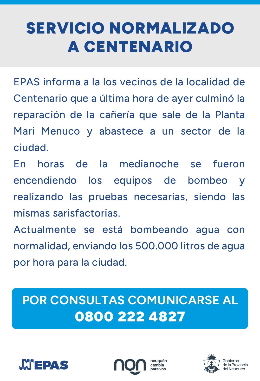 Imagen de SE REPARÓ ANOCHE LA ROTURA DEL CAÑO QUE AFECTABA EL SERVICIO DE AGUA POTABLE EN CENTENARIO