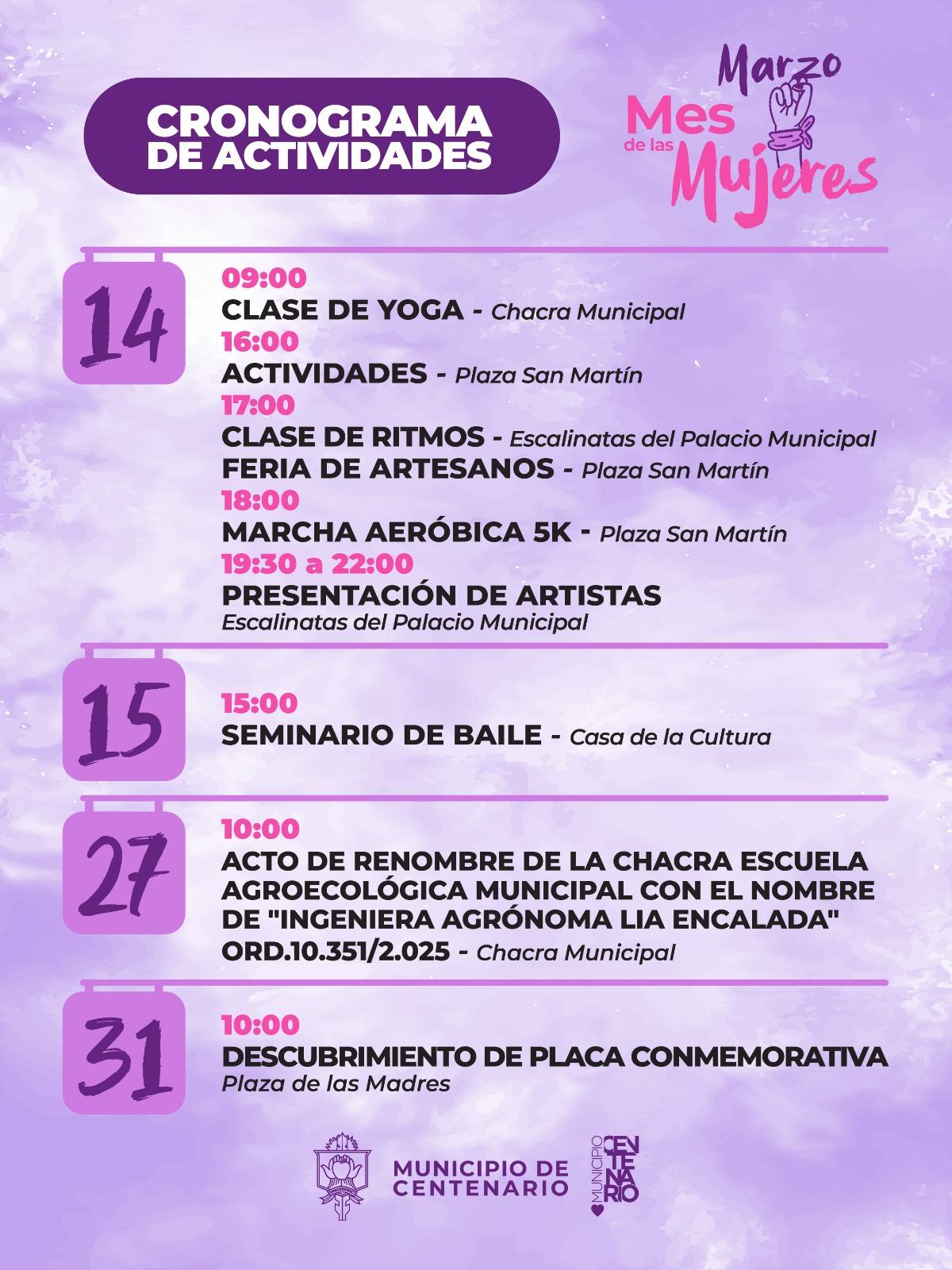 Imagen de CRONOGRAMA DE ACTIVIDADES DE MARZO POR EL DÍA INTERNACIONAL DE LAS MUJERES
